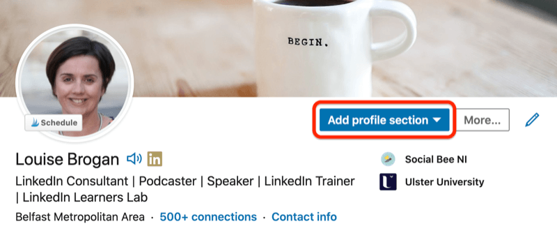 eșantionează profilul linkedin cu butonul secțiunii profilului publicitar evidențiat