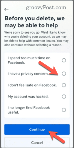 Alegerea de a șterge un cont Facebook de pe mobil