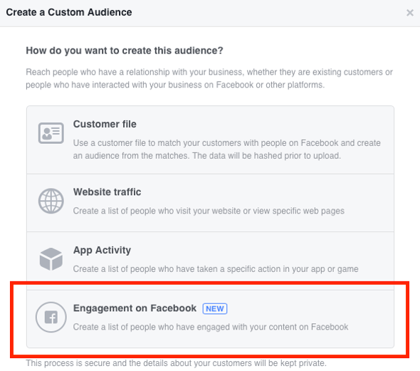 Selectați Engagement pe Facebook ca tip de public personalizat pe care doriți să îl creați.