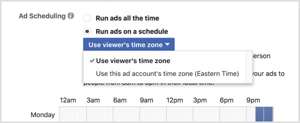 Alegeți opțiunea Utilizați fusul orar al vizualizatorului pentru campania dvs. Facebook.
