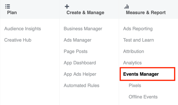 Opțiunea de a selecta Manager evenimente în Facebook Ads Manager.