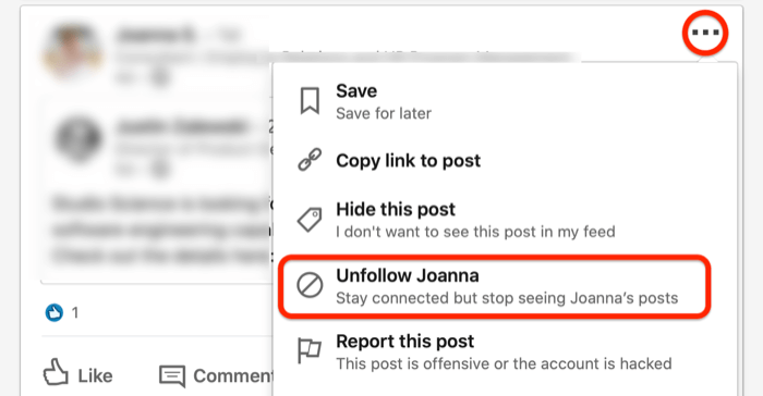 captură de ecran a... meniul derulant pentru o postare pe LinkedIn cu opțiunea de urmărire înconjurată cu roșu