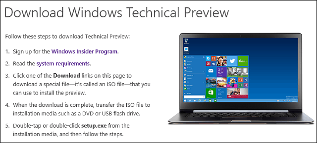Descărcați Windows 10 Previzualizare tehnică