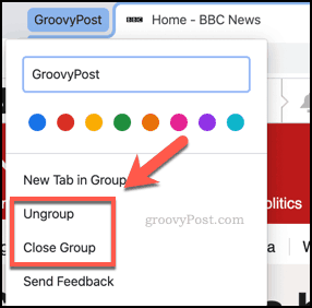 Închideți sau dezgrupați grupuri de file din Chrome