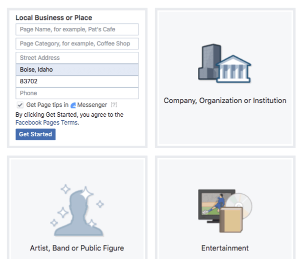 Luați în considerare caracteristicile oferite de fiecare tip și categorie pentru pagina dvs. de Facebook.