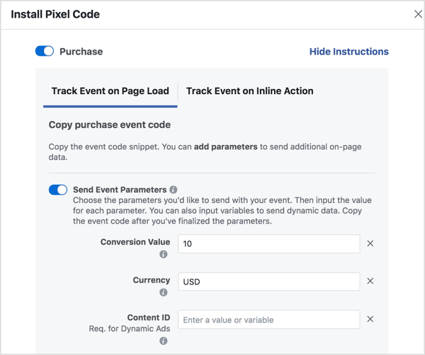 Setați parametrii pentru a genera codul evenimentului Facebook de care aveți nevoie.