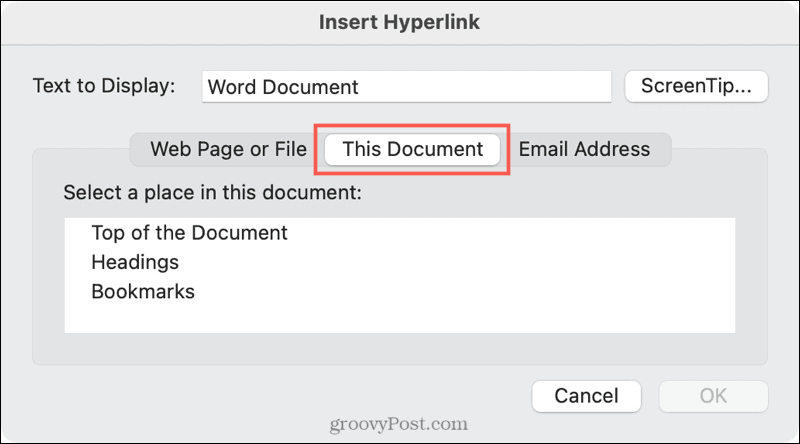 Link către o locație a documentului în Word pe Mac
