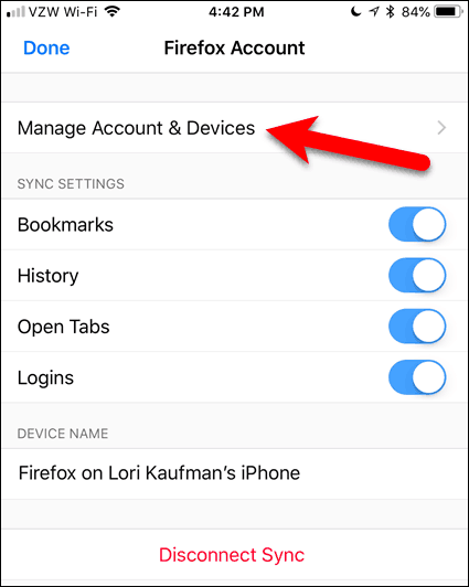 Atingeți Gestionare cont și dispozitive în Firefox pentru iOS