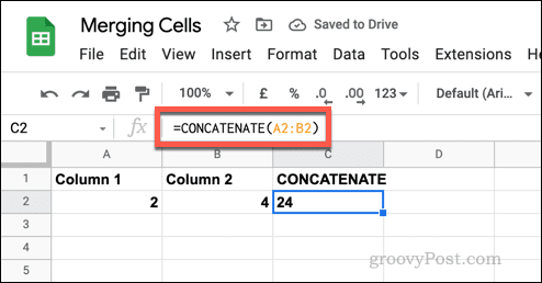 Un exemplu de formulă CONCATENATE simplă în Foi de calcul Google