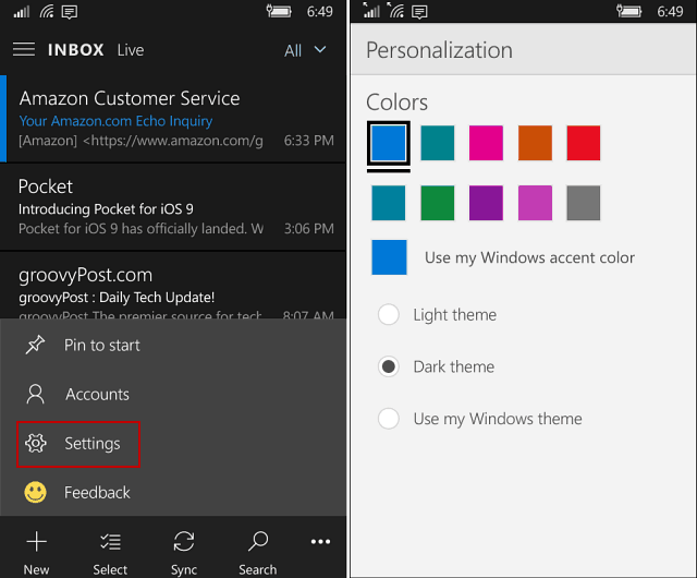 Aplicația Outlook Mail și Calendar pe Windows 10 Mobile Gains Dark Theme