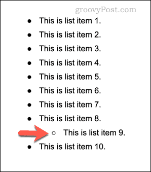 Un exemplu de listă cu mai multe niveluri în Google Docs