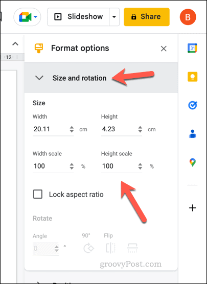 Opțiuni de dimensiune pentru un tabel Google Slides
