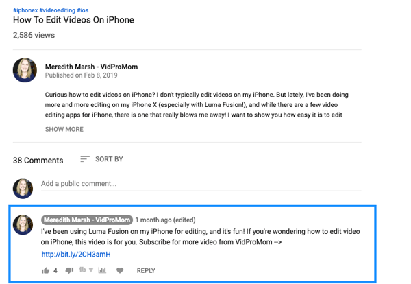 Cum să utilizați o serie video pentru a vă dezvolta canalul YouTube, exemplu de comentariu video fixat pe YouTube cu link de Meredith Marsh