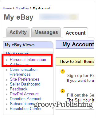 eBay schimba setările contului parola cu informații personale