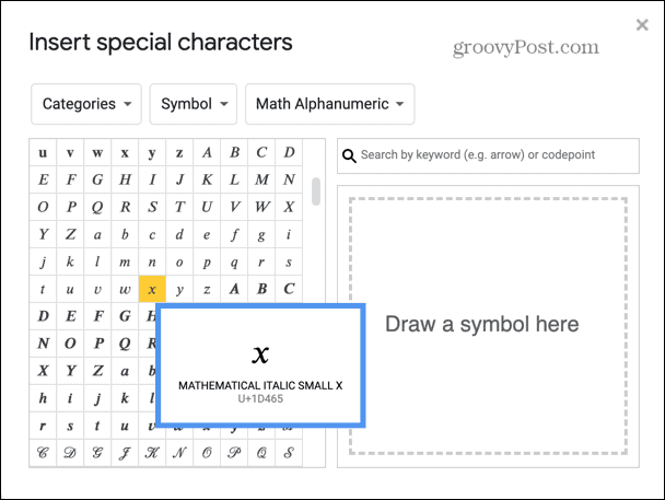 Prezentări Google selectează litera algebrică