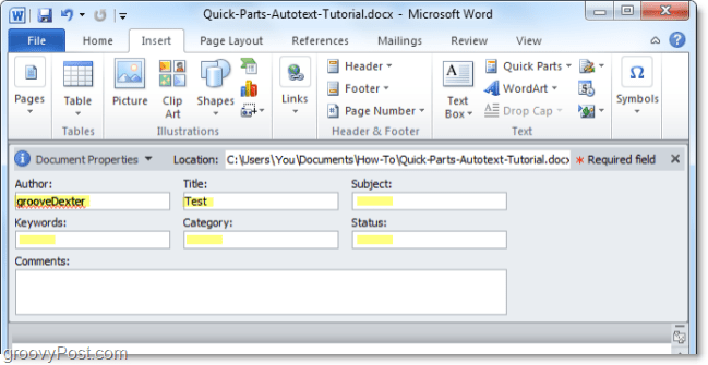 ajustați proprietățile documentului din panoul de documente în Word 2010