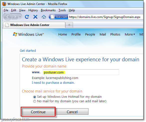 furnizați numele dvs. de domeniu pentru Windows Live