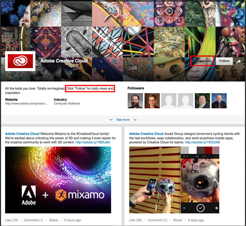 pagina de prezentare Adobe Creative Cloud Linkedin