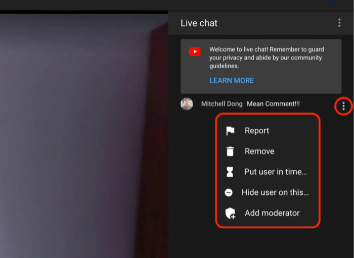 opțiuni de moderare a comentariilor live chat pe YouTube pentru a raporta sau a elimina comentariul, pentru a pune utilizatorul în timeout, pentru a ascunde utilizatorul pe canal sau pentru a adăuga un moderator la chat