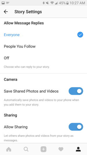 Utilizați setările pentru a salva automat fotografiile și videoclipurile pe care le adăugați la povestea dvs. pe smartphone