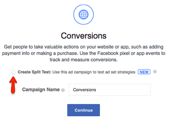 Bifați caseta pentru a crea un test divizat pentru campania dvs. Facebook.