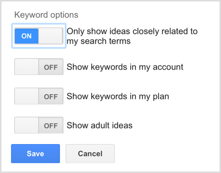 Opțiunile cuvântului cheie pentru căutarea Planificatorului de cuvinte cheie Google AdWords