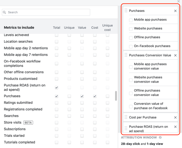 Exemplu de valori dorite pentru a treia coloană a ferestrei de creare a rapoartelor din Facebook Ads Manager.