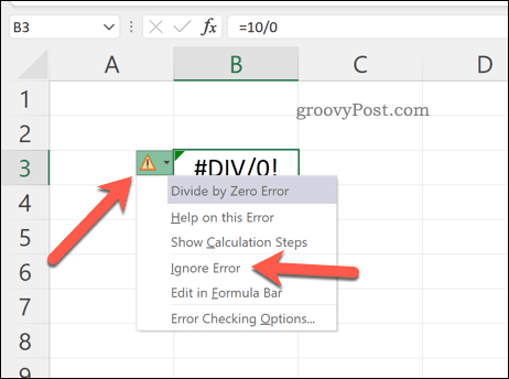 Ignorarea erorilor în Excel