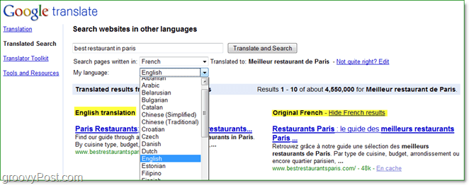 căutați pagini de internet în diferite limbi și citiți-le pe cont propriu folosind serach tradus de la Google