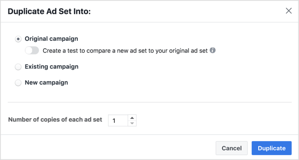 Duplicați setul de anunțuri în campania publicitară originală și creați un duplicat pentru fiecare anunț.