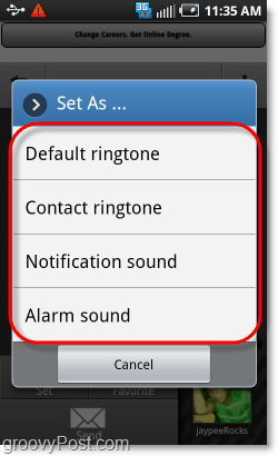setați sunetul ca ton de apel, notificare, alarmă sau contact