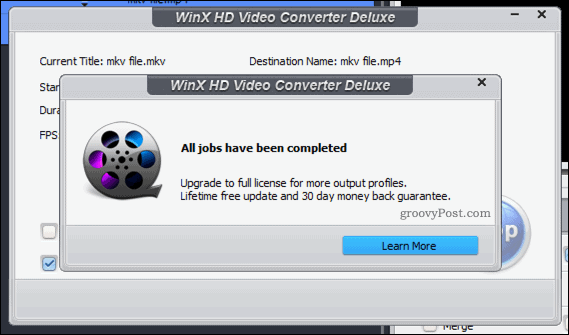 Confirmarea unei conversii video WinX reușite