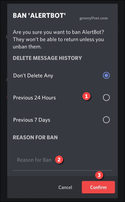 Opțiuni pentru interzicerea unui utilizator pe Discord