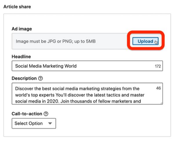 eliminați imaginea din anunț în timpul configurării campaniei LinkedIn