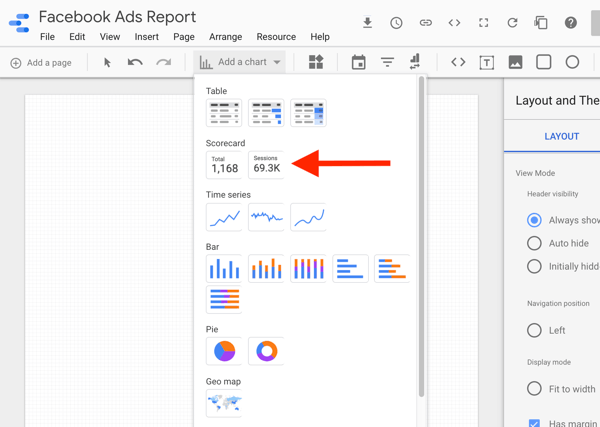 Utilizați Google Data Studio pentru a analiza anunțurile dvs. Facebook, pasul 8, opțiune pentru a selecta graficul de scorecard în Google Data Studio