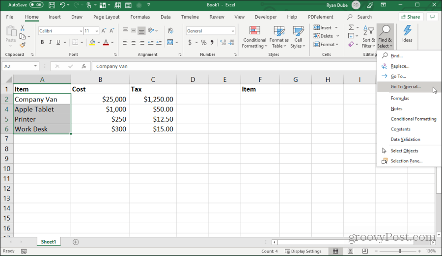 selectarea merge la special în excel