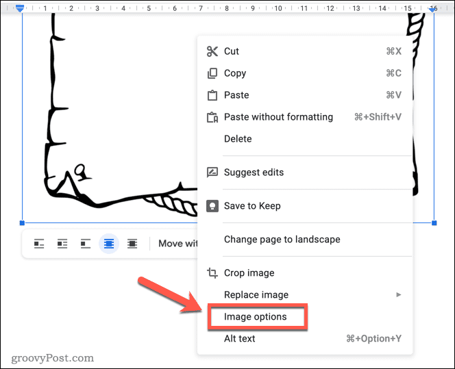 Deschiderea meniului de opțiuni de imagine în Google Docs