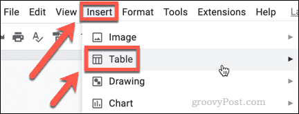 inserați tabelul în Google Docs
