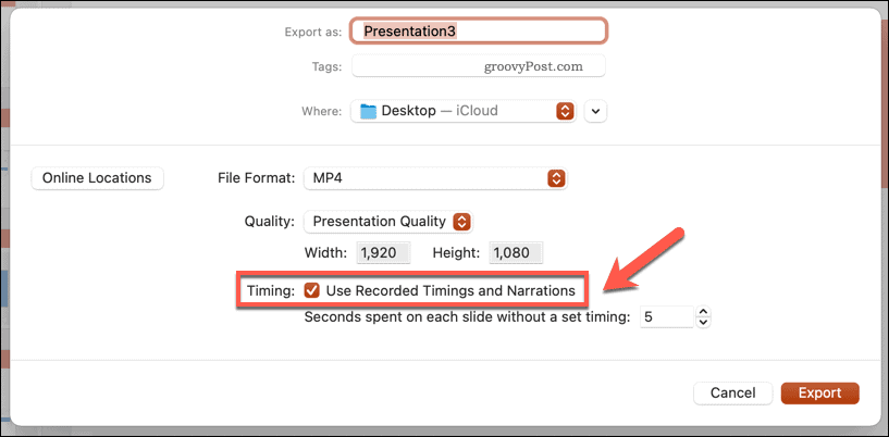 Utilizarea temporizărilor înregistrate pentru un videoclip exportat în PowerPoint pe Mac