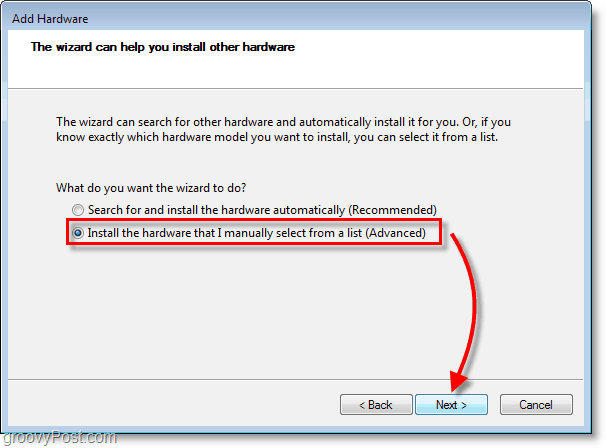 Screenshot de rețea Windows 7 - faceți clic pe instalarea hardware-ului pe care îl selectez manual lista forma (Advanced)