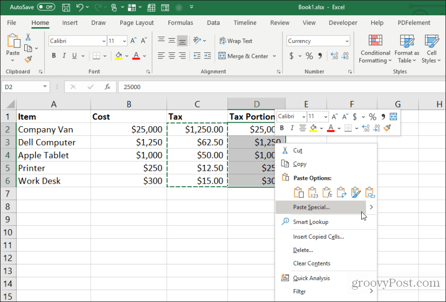lipiți special în Excel