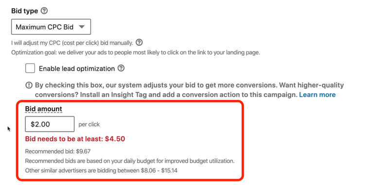 captură de ecran a mesajului în roșu care spune „Licitația LinkedIn trebuie să fie de cel puțin 4,50 USD”