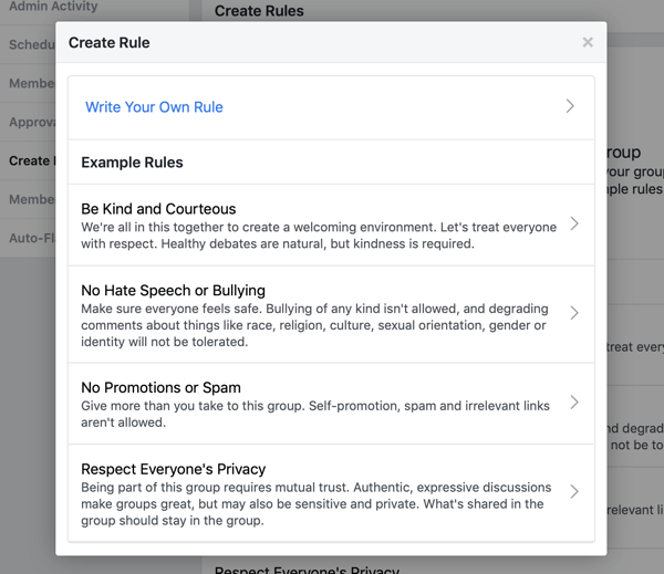 Cum să vă îmbunătățiți comunitatea de grup Facebook, exemplu de reguli pre-scrise pentru grupul Facebook