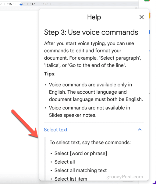 Meniu de ajutor pentru tastarea vocală în Google Docs