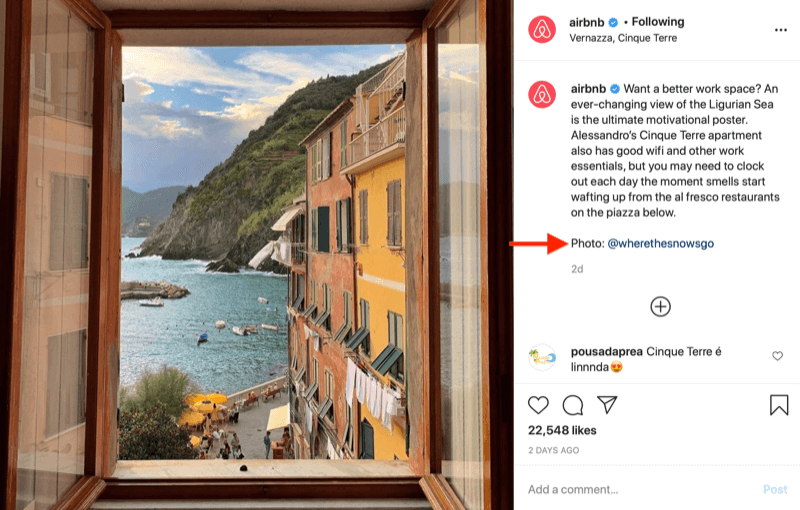 Instagram repostare imagine de către @airbnb cu credit de imagine către @wherethesnowsgo, așa cum sa solicitat în imaginea de mai sus