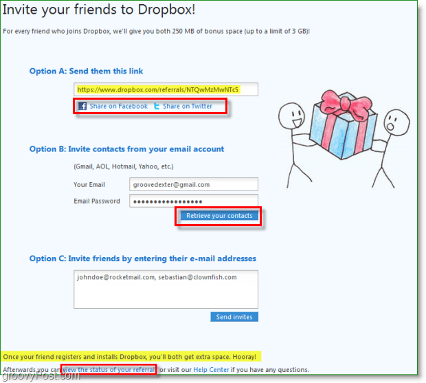 Captura de ecran Dropbox - mai multe modalități de a împărtăși invitațiile la Dropbox
