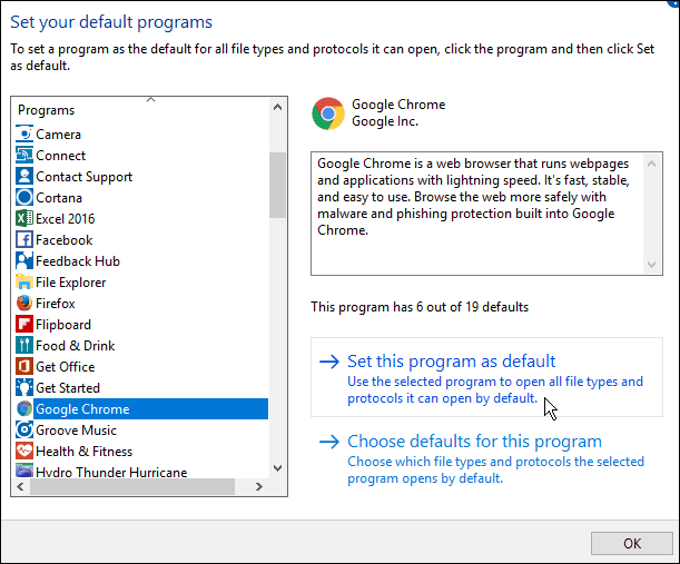 Schimbați browserul implicit în Windows 10 Anniversary Update