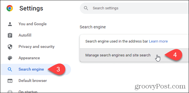 Faceți clic pe Gestionați motoarele de căutare și căutarea pe site pe ecranul Motorului de căutare din Chrome