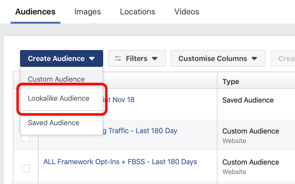 Opțiunea de a crea un public asemănător Facebook sub Creare public în Facebook Ads Manager.