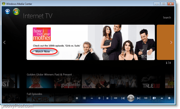 Windows 7 Media Center - faceți clic pe vizionați acum pentru a vizualiza spectacolele sau a le parcurge 